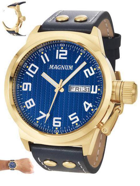 Relógio Masculino Magnum Ma32765a Dourado Com Calendário Em Couro Fundo Azul