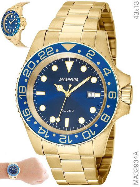 Relógio Masculino Magnum Ma32934a Dourado Todo em Aço Fundo Azul