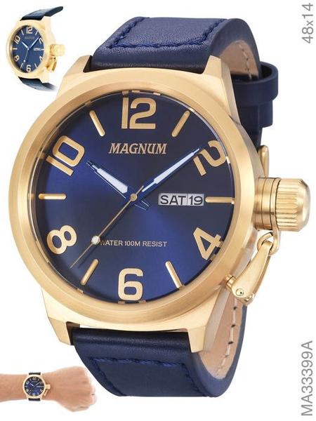 Relógio Masculino Magnum Ma33399a Com Calendário Em Couro Fundo Azul