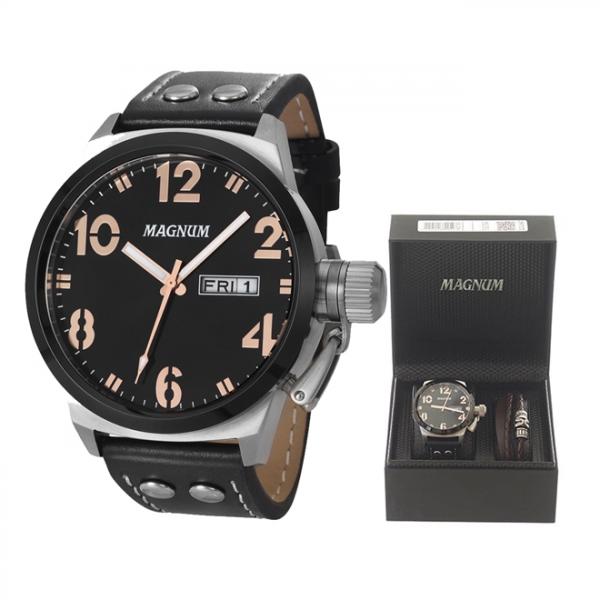 Relogio Masculino Magnum Preto com Kit Pulseira de Couro Ma32783c