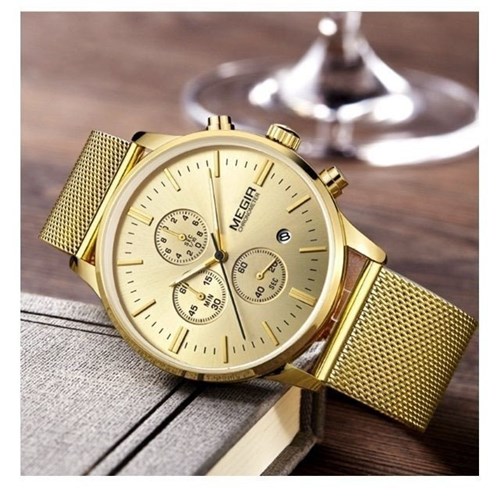 Relógio Masculino Malha Inox Megir* 2011G (Dourado)