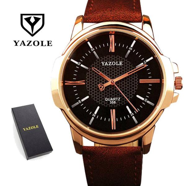 Relógio Masculino Marrom Yazole 358 Couro + Estojo