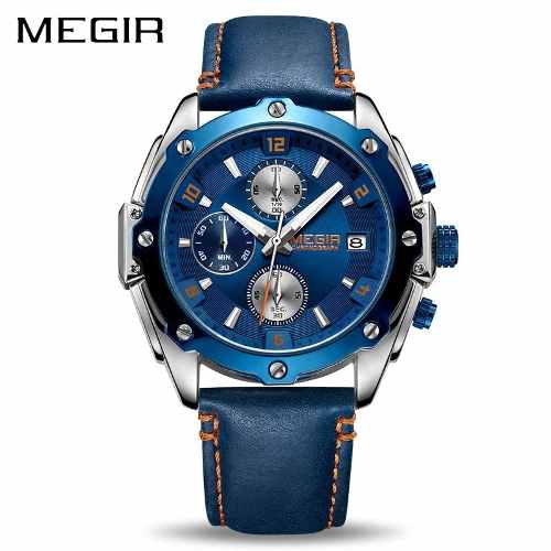Relógio Masculino Megir 2074 Azul Couro Militar Redondo
