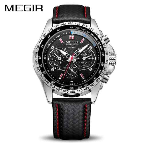 Relógio Masculino Megir 1010 Quartz Preto Pulseira de Couro