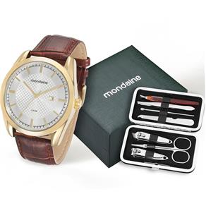 Relógio Masculino Mondaine Analogico com Pulseira de Couro e Kit Cortador de Unha 76582gpmkdh2k3