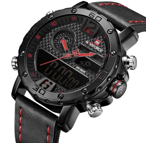 Relogio Masculino Naviforce 9134 Preto com Vermelho Digital em Couro