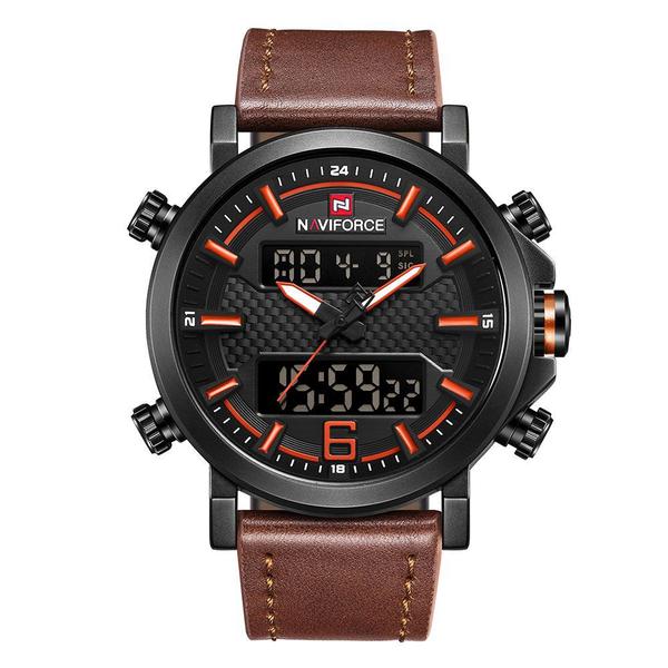 Relogio Masculino Naviforce 9135 Marron com Laranja Digital Analogico em Couro