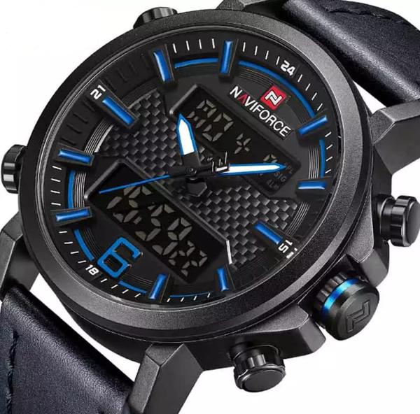 Relogio Masculino Naviforce 9135 Preto com Azul Digital Analogico em Couro