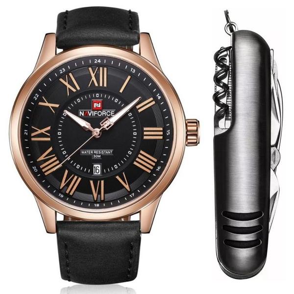 Relógio Masculino Naviforce Dourado Romano Luxo com Canivete