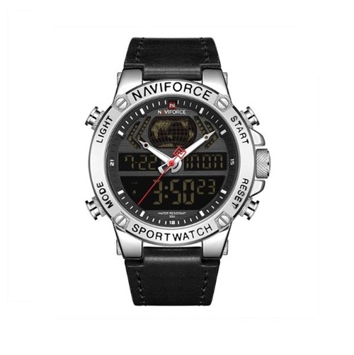 Relógio Masculino Naviforce Militar Couro Modelo 9164 (Preto e Prata)