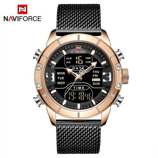 Relógio Masculino Naviforce NF9153 RGB Pulseira em Aço Inoxidável Preto e Dourado Rose - Curren