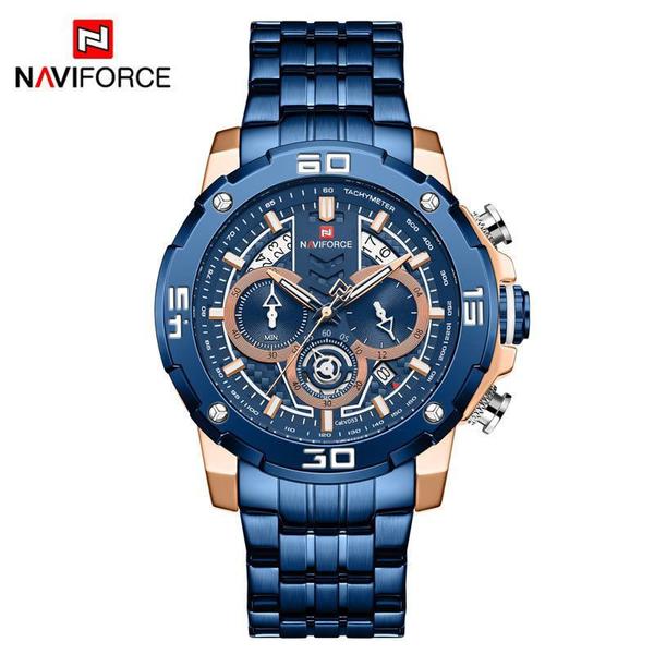 Relógio Masculino Naviforce NF9175 RGBE Pulseira em Aço Inoxidável Azul e Dourado Rose - Curren