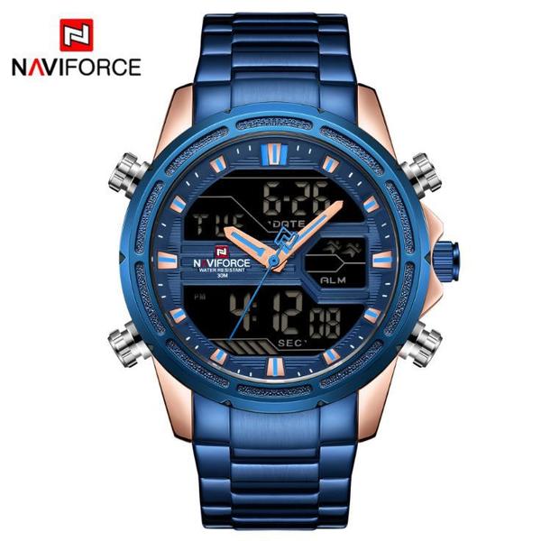 Relógio Masculino Naviforce NF9138S RGBE Pulseira em Aço Azul e Dourado - Curren