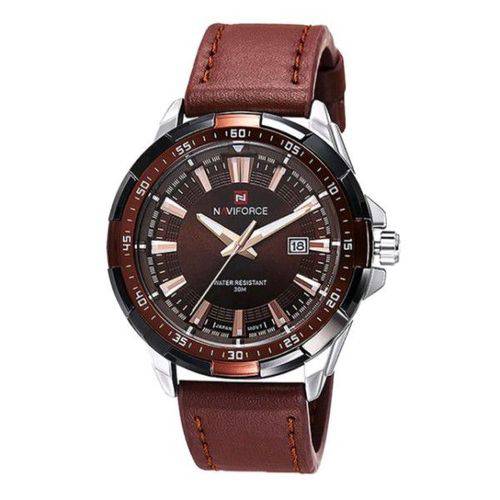 Relógio Masculino Naviforce Original Quartzo Pulseira de Couro Genuíno Marrom Caixa Prata Moda Esporte Militar (bto)