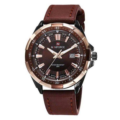 Relógio Masculino Naviforce Original Quartzo Pulseira de Couro Genuíno Marrom Caixa Preta Moda Esporte Militar (bto)