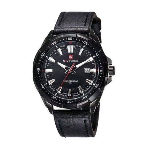 Relógio Masculino Naviforce Original Quartzo Pulseira de Couro Genuíno Preto Caixa Preta Moda Esporte Militar (bto)