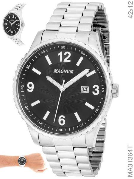 Relógio Masculino Prata Magnum MA31364T Mostrador Preto