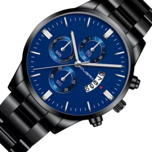 Relógio Masculino Preto Aço Inox Fundo Azul - Cuena