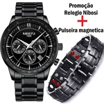 Relógio masculino preto nibosi + pulseira magnética preta