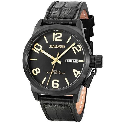 Relógio Masculino Preto Pulseira Couro Magnum Ma33424P