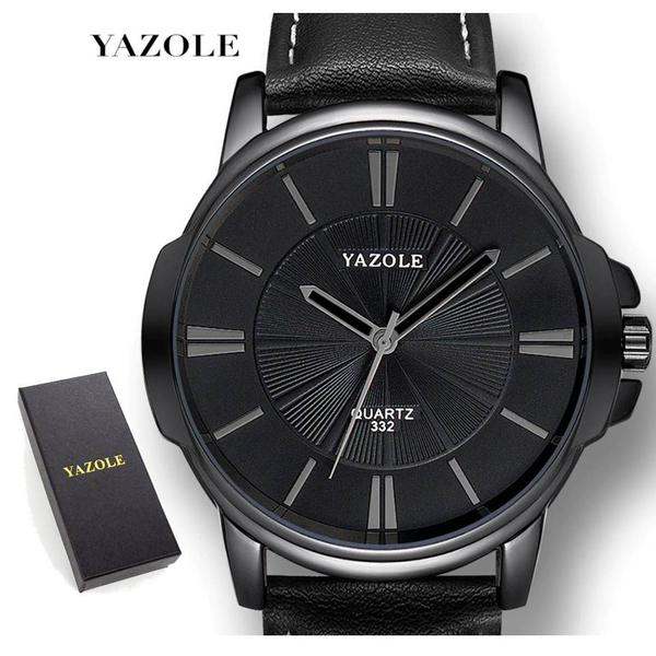 Relógio Masculino Preto Yazole 332 Couro + Estojo