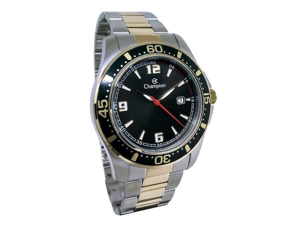 Relogio Masculino Pulseira de Aço Dourado e Prata Casual Mostrador Preto Prova D'Agua Champion