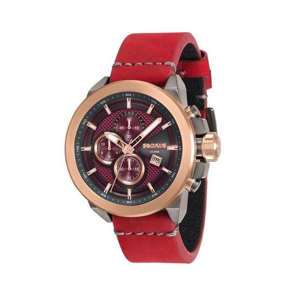 Relogio Masculino Pulseira de Couro Vermelho Cronografo - Seculus