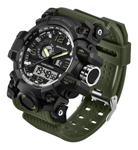 Relógio Masculino Sanda Militar Sport G-Shock Dual-Time 742 Verde Selva