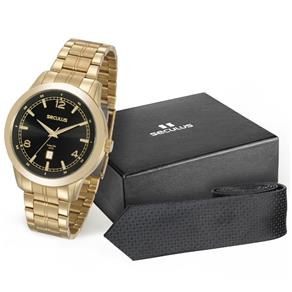 Relógio Masculino Seculus Aço Dourado Kit 20584GPSVDA1K1