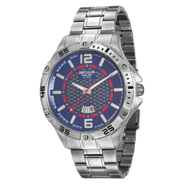 Relógio Masculino Seculus Aço Prata, Mostrador em Relevo Azul e Detalhe Vermelho 20457G0SVNA1 Analógico
