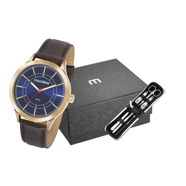 Relógio Masculino Seculus em Couro 83411GPMVDH2K1 Fundo Azul com Kit Manicure - Mondaine