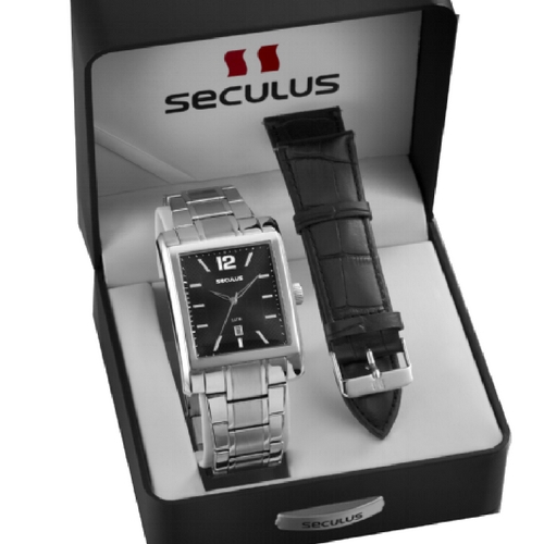 Relógio Masculino Seculus Quadrado com Acessório, Pulseira de Aço Prata e Couro Preto 23557G0SKNA1 Analógico