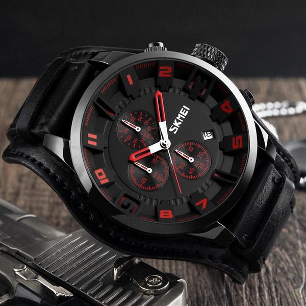 Relogio Masculino SKMEI 9165 Pulseira de Couro Luxo