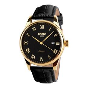 Relógio Masculino Skmei de Luxo Pulseira Couro Modelo 9058 - Preto/Dourado