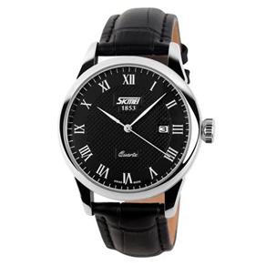 Relógio Masculino Skmei de Luxo Pulseira Couro Modelo 9058 - Preto/Prata