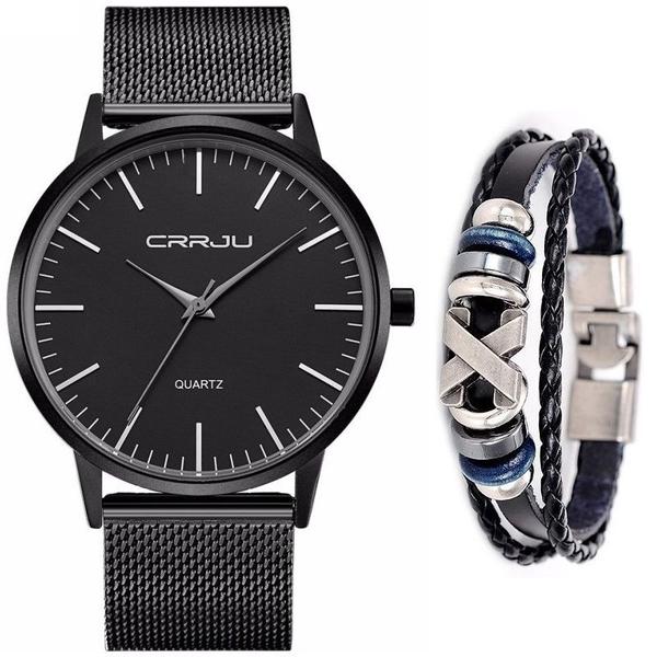 Relógio Masculino Social Ultra Fino de Luxo Preto + Pulseira - Crrju