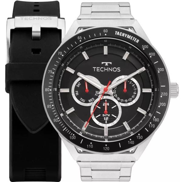 Relogio Masculino Technos Aço Prata Troca Pulseira Silicone Preto 6P29AJY/T1P