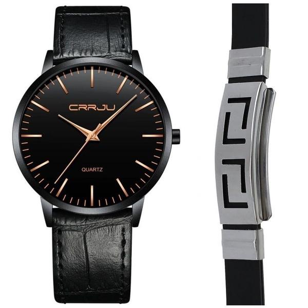 Relógio Masculino Ultra Fino Preto Analógico Kit Pulseira - Crrju