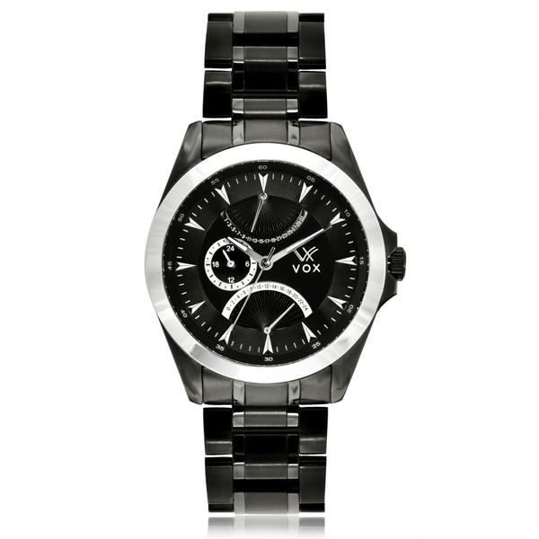 Relogio Masculino Vox Analogico Urbano Caixa Metal Prateado Pulseira em Aco Preto Fundo Preto