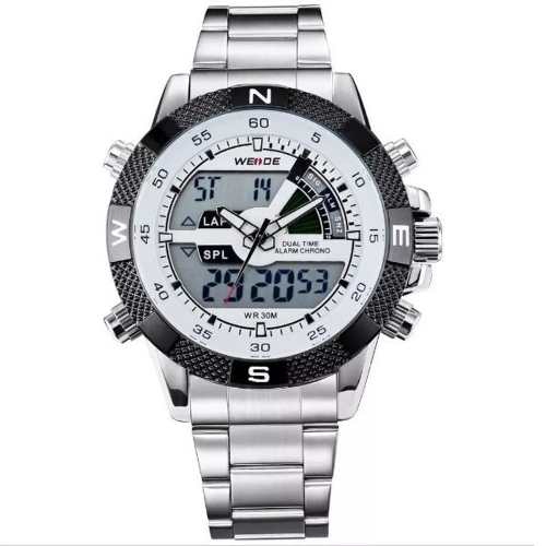 Relógio Masculino Weide Prateado e Branco C/ Caixa Premium