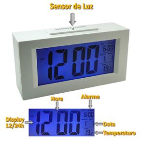 Relógio Mesa Digital Data/Hora Temperatura Sensor Luz BRANCO CBRN01590