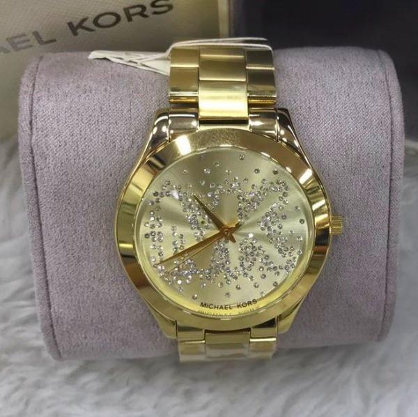 Relógio Michael Kors Mk3590 Slim Runway Dourado Logo