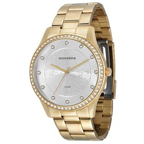 Relógio Mondaine 76367LPMVDE1. Feminino, da Linha Moda, Todo em Metal Dourado com Strass no Aro e no Mostrador. Resistente à Água 30M.