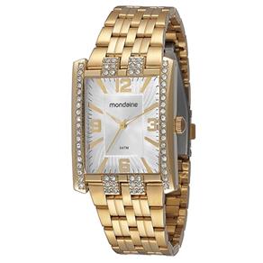 Relógio Mondaine Feminino 62022LPMEDE1. Analógico, com Caixa Retangular e Strass no Aro. Todo em Metal Dourado. Resistente à Água 30M.