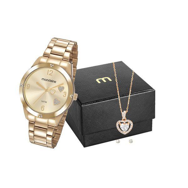 Relógio Mondaine Feminino Dourado Analógico 99400LPMKDE1K1 + Colar e Brincos