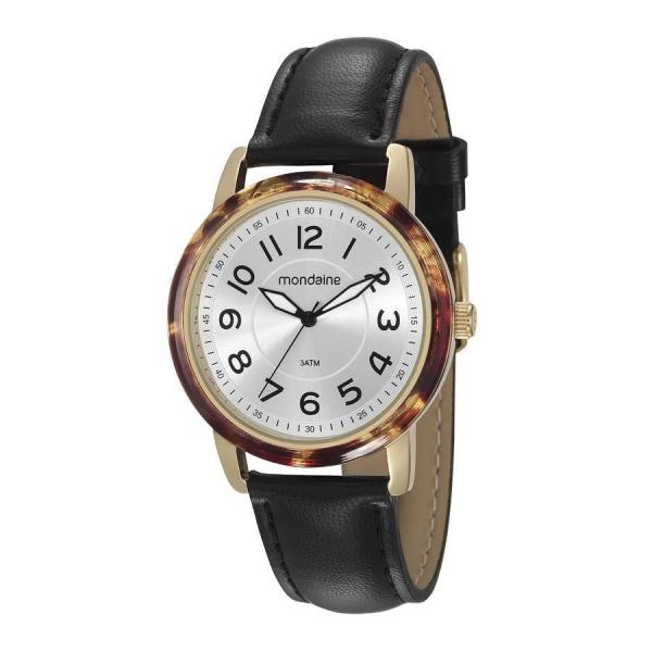 Relogio Mondaine Feminino Dourado Catraca Resina Vintage Pulseira Couro