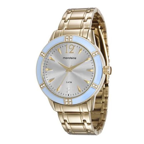 Relógio Mondaine Feminino Dourado com Aro Azul 76600lpmvde2