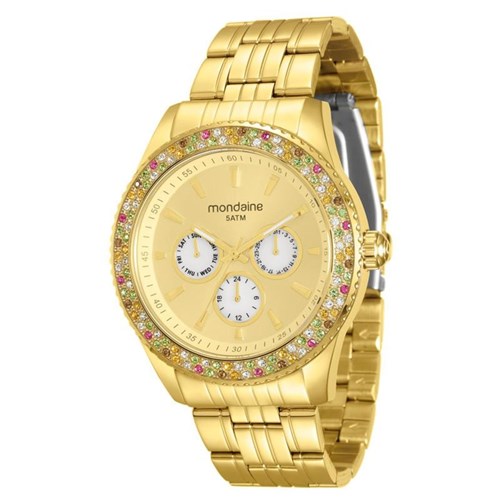 Relógio Mondaine Feminino Dourado com Pedras Coloridas e Cronógrafo - 78731Lpmvda1