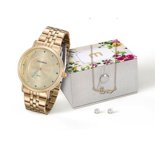 Relógio Mondaine Feminino Dourado Kit Semijói 99020lpmkde1k1