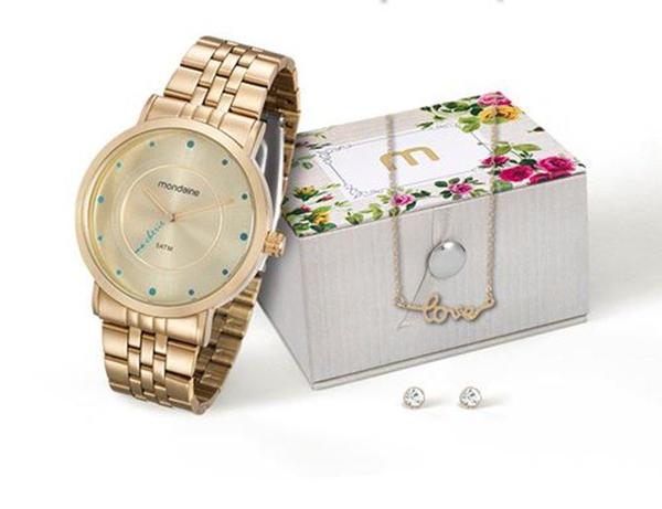 Relógio Mondaine Feminino Dourado Kit Semijói 99020lpmkde1k1